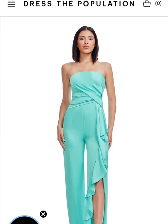 Dress the Population Pants - Dress the Population Aqua Strapless Wide-Leg Jumpsuit with Side Ruffle